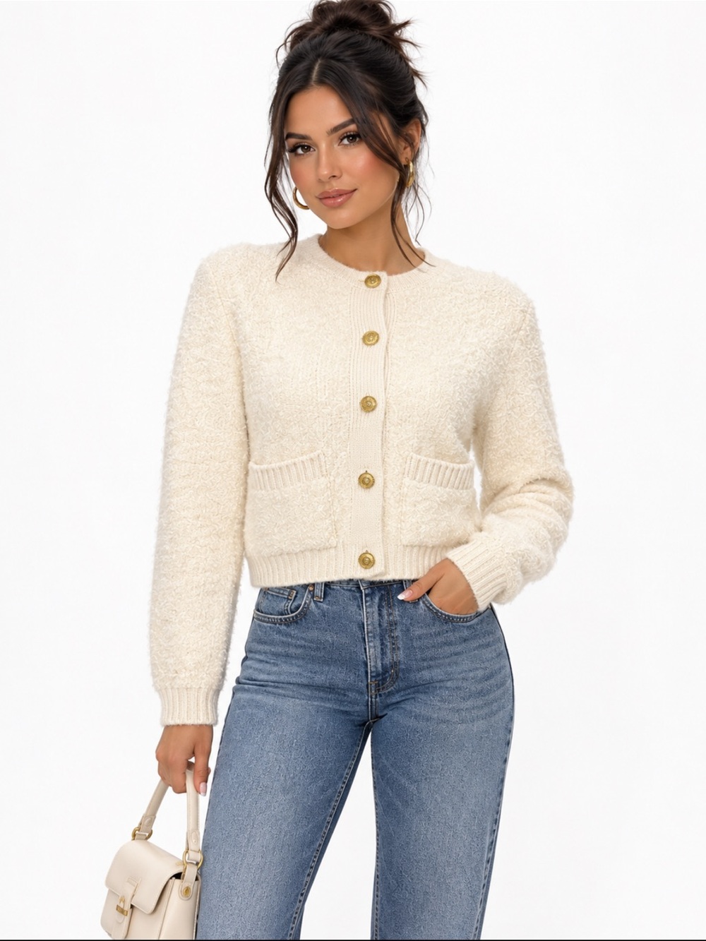 Zara Cream Bouclé Cropped Cardigan with Gold Buttons
